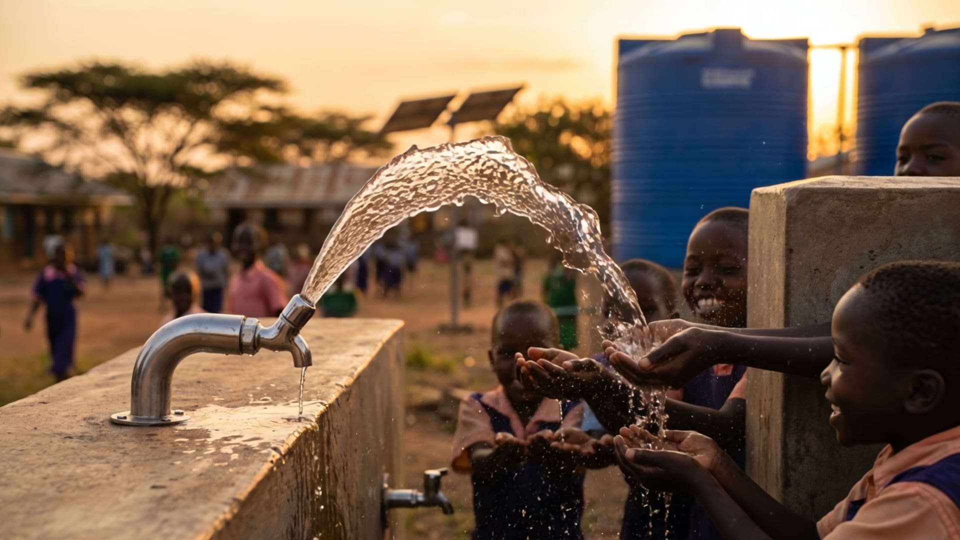 Clean water running from a NoTaps tap over children's cupped hands